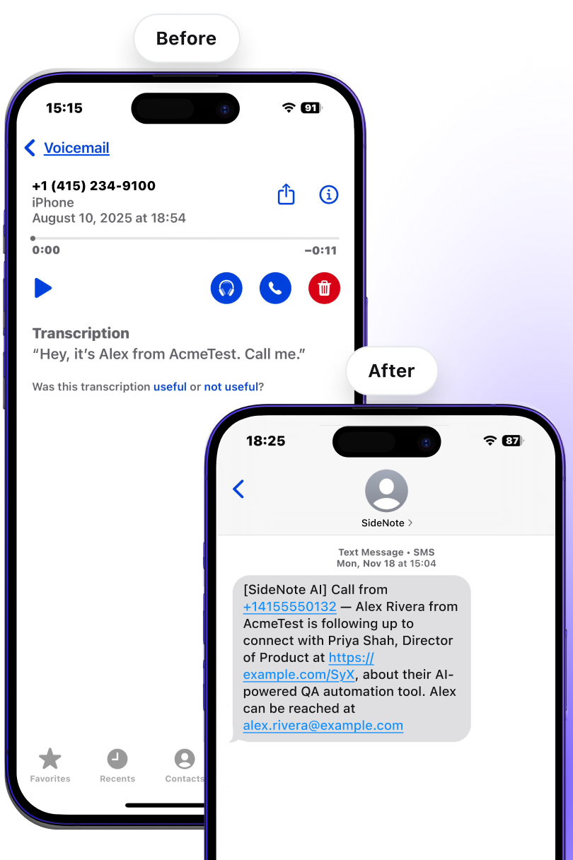 SideNote AI Receptionist App Interface